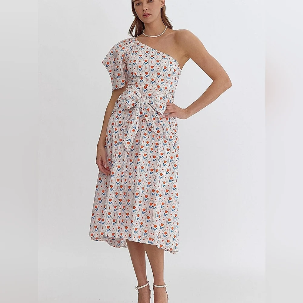 Entro One Shoulder Tulip Midi Dress - Picture 1 of 7